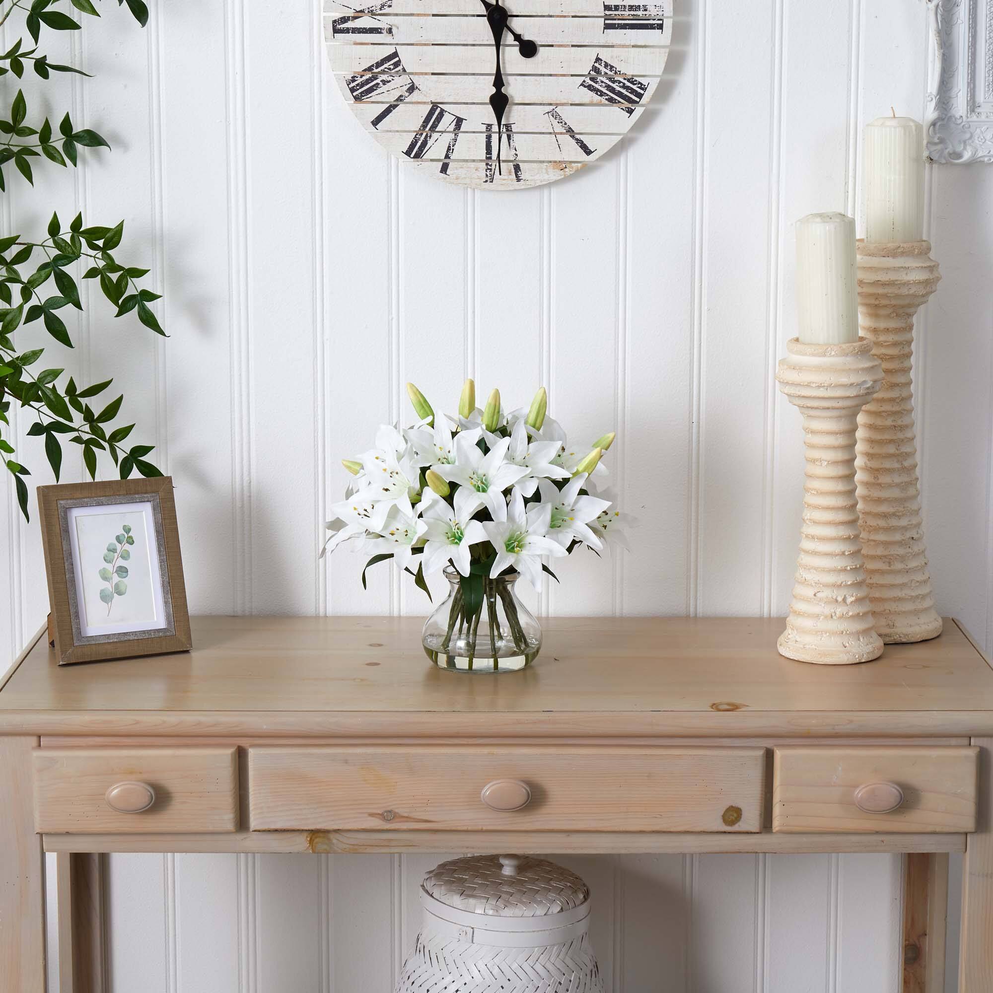 13.5" White Lily Arrangement with Glass Vase